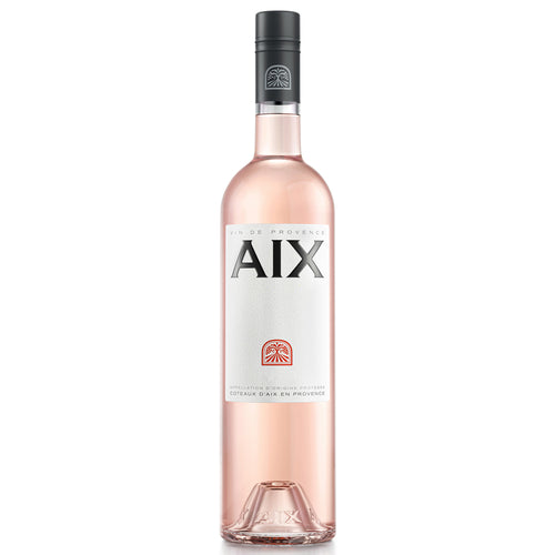 A bottle of Aix Provence Rose containing pale pink wine. It has a white label with bold black lettering and a black screw cap.