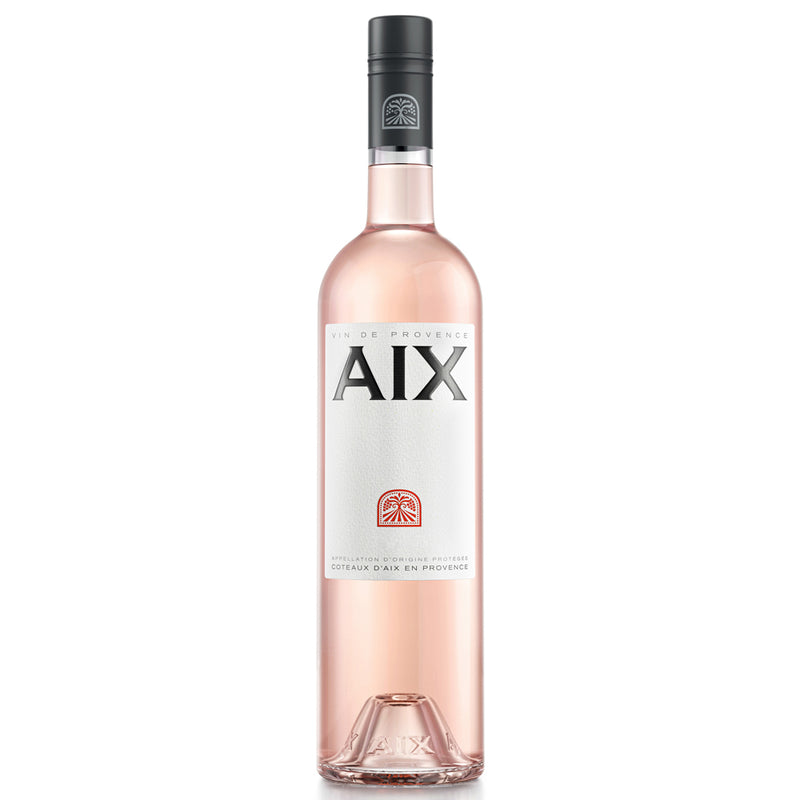 A bottle of Aix Provence Rose containing pale pink wine. It has a white label with bold black lettering and a black screw cap.