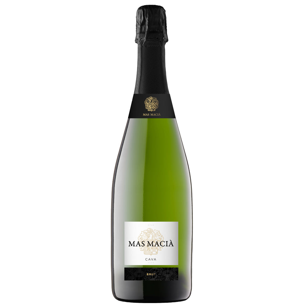 A bottle of Mas Macia Cava sparkling wine, featuring a dark green glass bottle, black foil, and a white label with gold detailing, set against a plain white background.