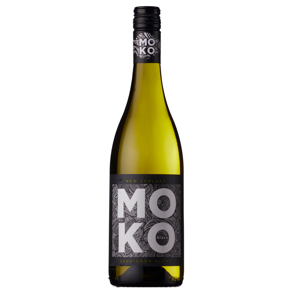 A bottle of Moko Black Sauvignon Blanc wine with a black label and black screw cap, set against a plain white background.