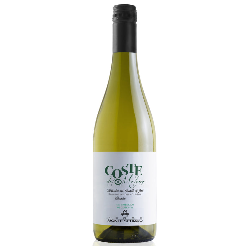 A bottle of Monte Schiavo Coste del Molino Verdicchio white wine with a white label and a black screw cap, photographed against a plain white background. The label features green and black text.