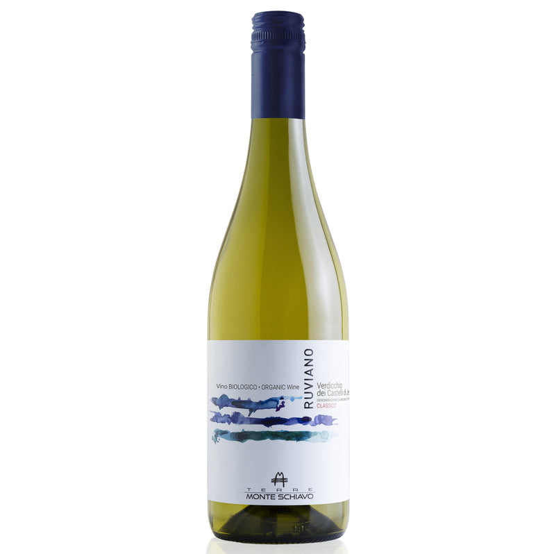 A bottle of Ruviano Verdicchio white wine by Monte Schiavo, featuring a pale green glass bottle, a dark blue screw cap, and a white label with blue and purple abstract brushstrokes.