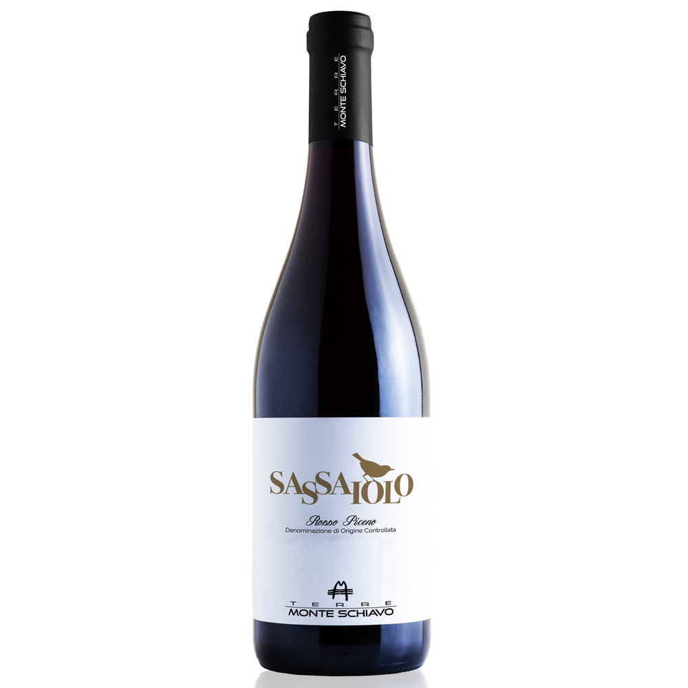 A bottle of Sassaiolo Rosso wine from the brand Monte Schiavo, featuring a dark glass bottle with a white label and a black screw cap, set against a plain white background.