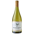 A bottle of Montes Alpha Chardonnay white wine in a green glass bottle with a gold foil capsule and a white label featuring a black angel illustration.