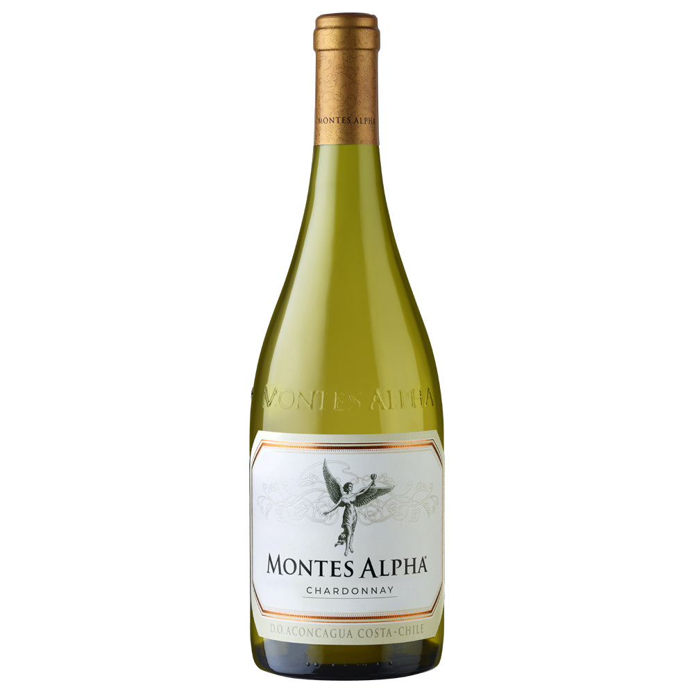 A bottle of Montes Alpha Chardonnay white wine in a green glass bottle with a gold foil capsule and a white label featuring a black angel illustration.