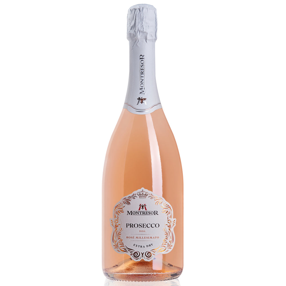 A bottle of Montresor Prosecco Rose on a white background. Pale pink in colour the bottle has a white label with black lettering and a white foil capsule.