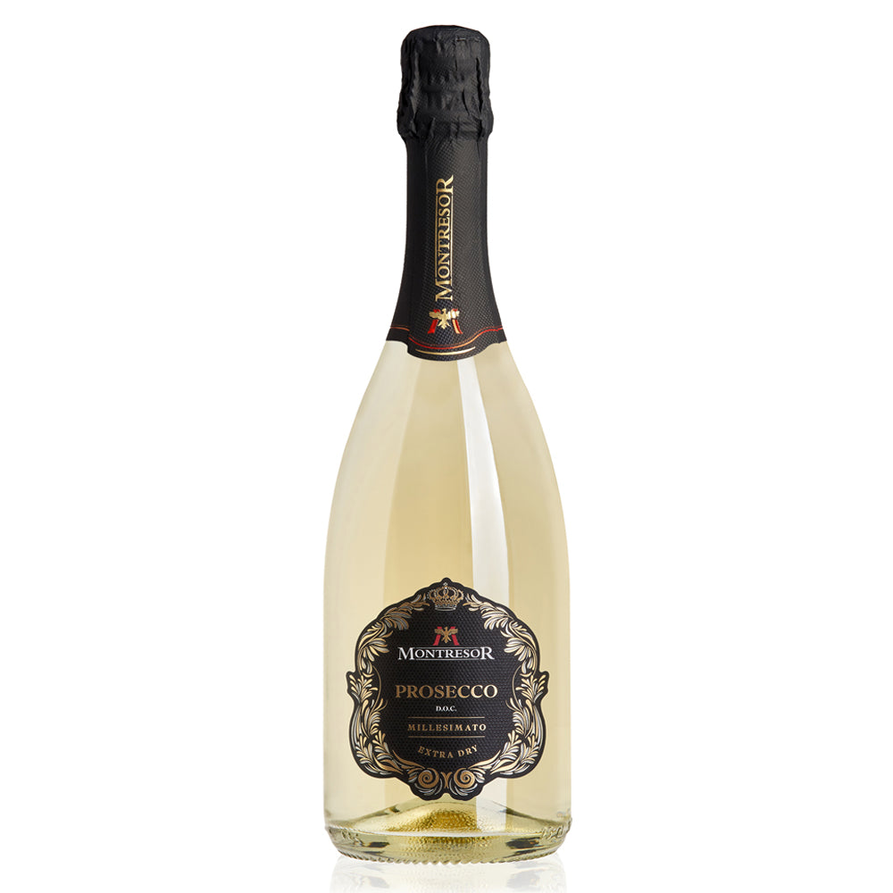 A bottle of Montresor Prosecco Extra Dry. A curved bottle with an ornate black label with gold writing and a black foil capsule.