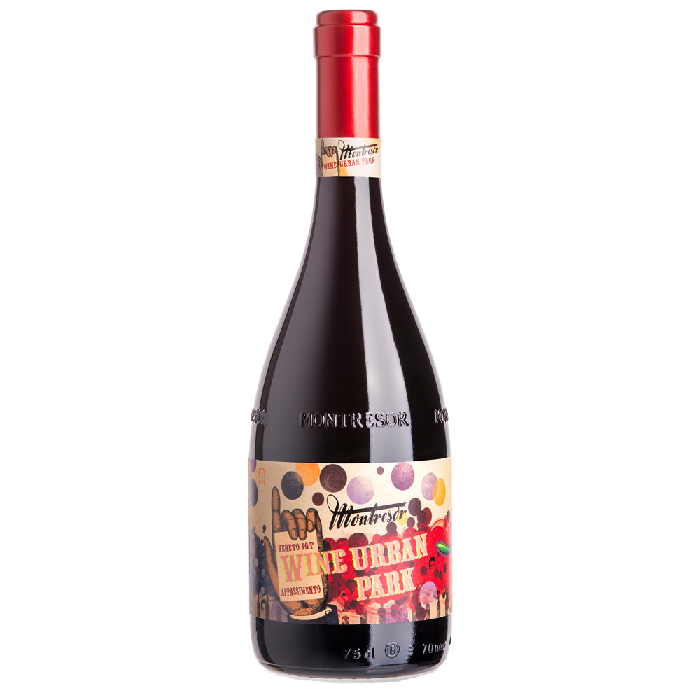 A bottle of Montresor Urban Park Appassimento red wine. The label shows a modern colourful image and a red foil capsule, all set against a white background.
