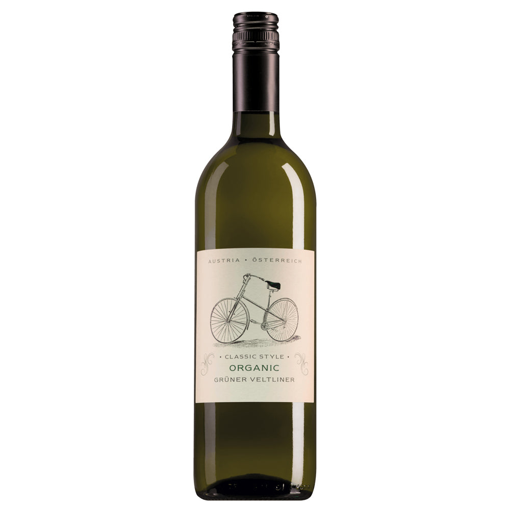 A bottle of organic Gruner Veltliner wine with a cream-coloured label featuring a bicycle illustration, set against a plain white background.