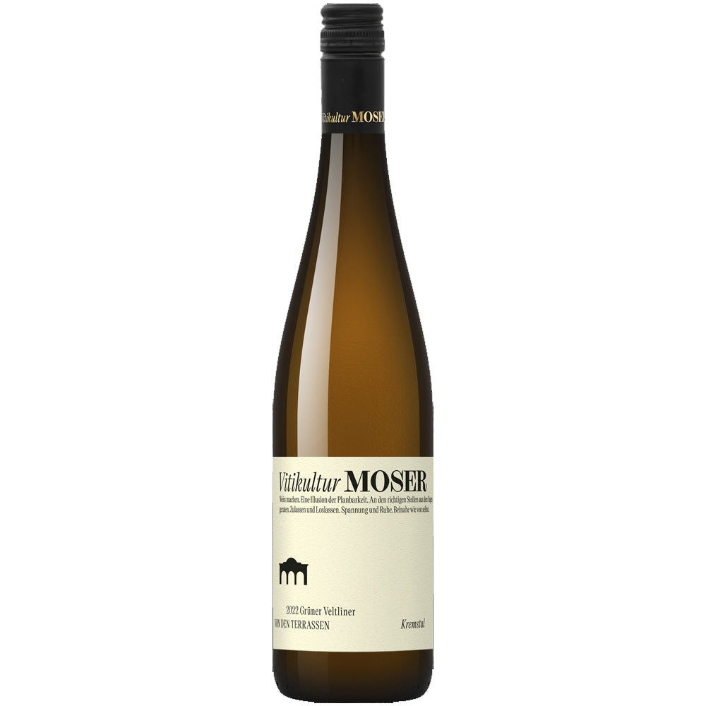 A bottle of Vitikulur Moser Gruner Veltliner white wine with an off-white label and a black screw cap, shown on a plain white background.