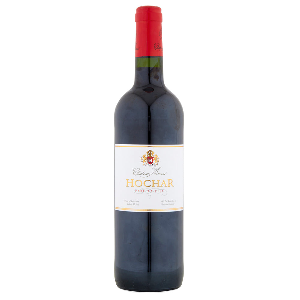 A bottle of Château Mouton Hochar red wine, featuring a dark glass bottle with a white label and a red foil seal at the top, set against a plain white background.