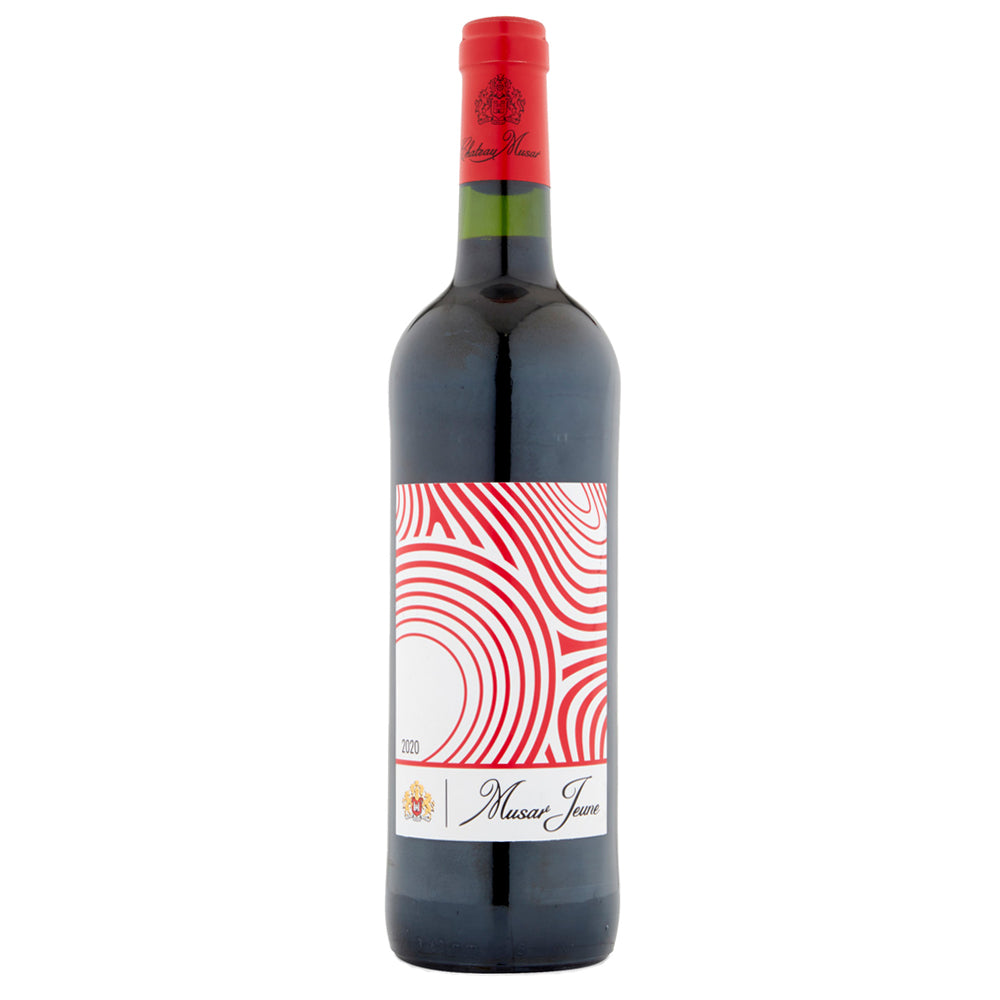 A bottle of Musar Jeune red wine with a dark glass body, a red foil top, and a white label featuring a red concentric circle pattern.