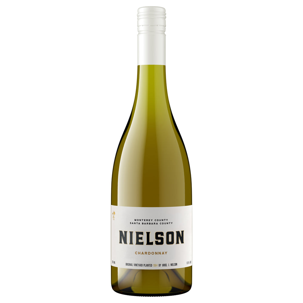 A bottle of Nielson Chardonnay white wine, featuring a green glass bottle with a white screw cap and a white label with black text, set against a plain white background.