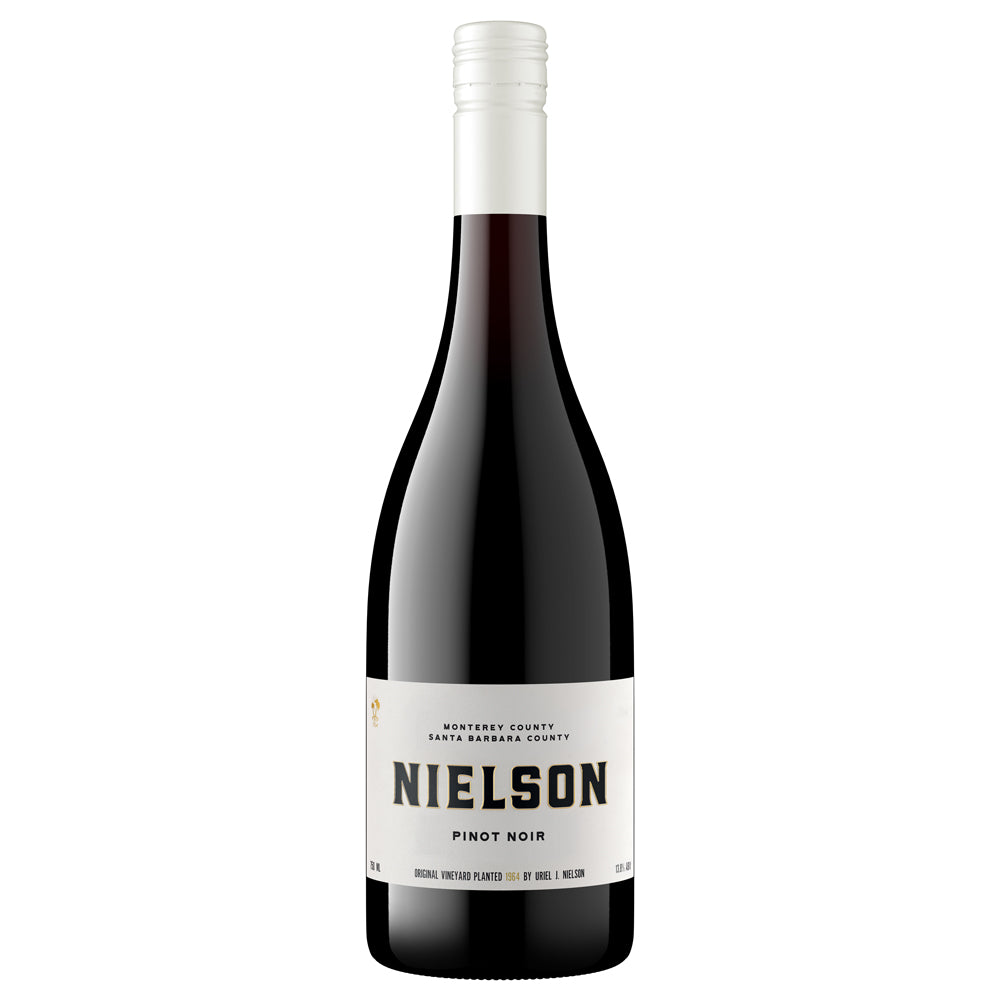 A bottle of Nielson Pinot Noir red wine against a solid white background. The bottle is dark glass with a white screw cap and a white label featuring the brand name 'Nielson' in bold black letters.