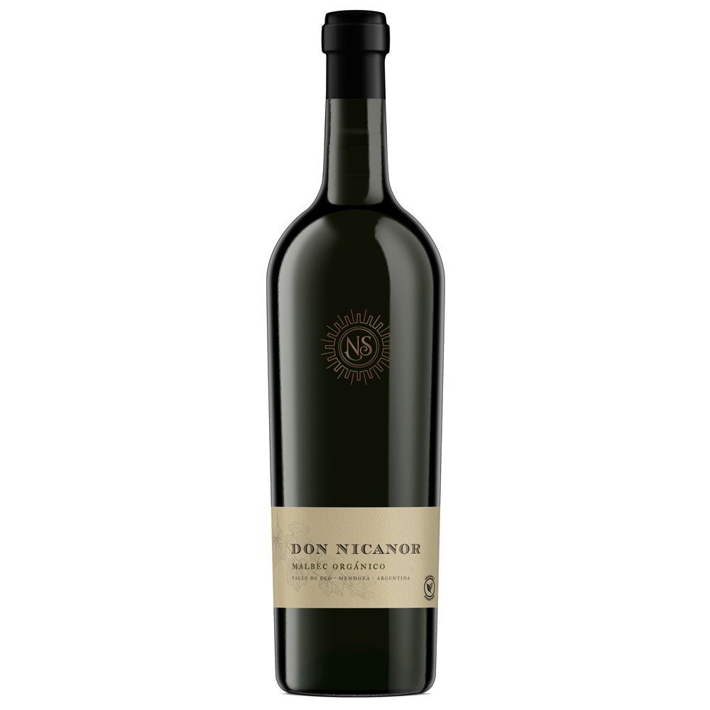 A dark glass bottle of Don Nicanor Malbec Organic wine with a beige label and black cap, centered on a plain white background.