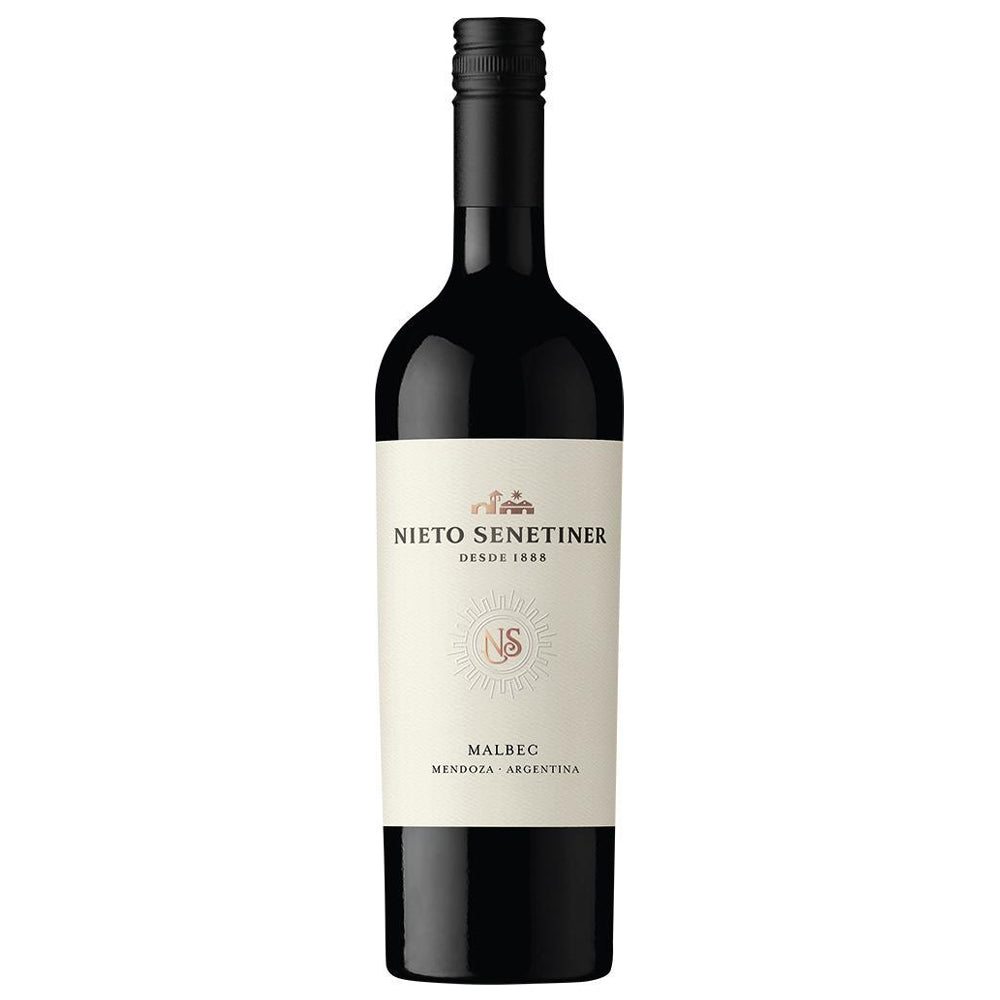 A bottle of Nieto Senetiner Malbec red wine, featuring a dark glass bottle with a cream-coloured label and a black screw cap, set against a plain white background.