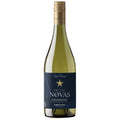 A bottle of Organic Novas Chardonnay Emiliana white wine, featuring a dark blue label with a gold star and a gold foil-wrapped neck, set against a plain white background.
