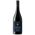 A bottle of Organic Novas Pinot Noir red wine, featuring a dark navy blue label with a gold star logo and white text, set against a plain white background.
