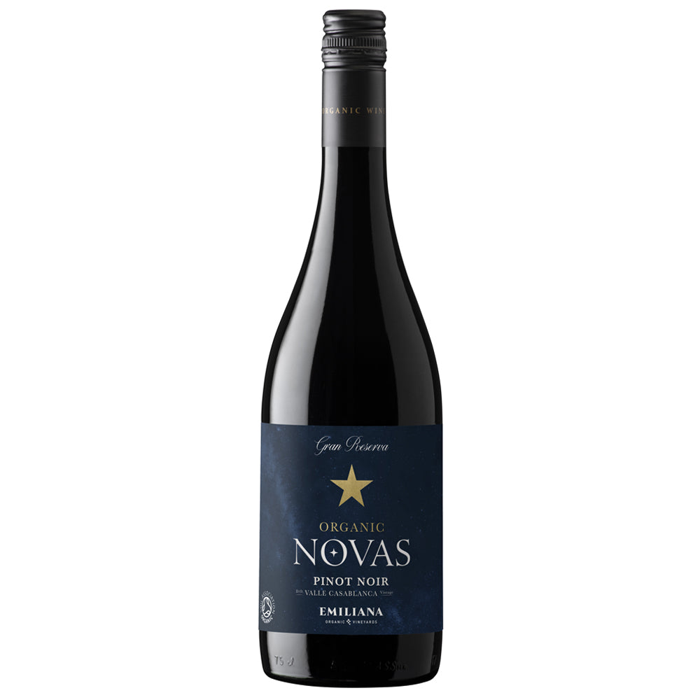 A bottle of Organic Novas Pinot Noir red wine, featuring a dark navy blue label with a gold star logo and white text, set against a plain white background.