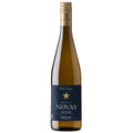 A bottle of Emiliana Organic Novas Riesling white wine, featuring a dark navy blue label with a gold star logo and a gold foil cap, set against a plain white background.