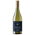 A bottle of Novas Organic Viognier Emiliana white wine on a solid white background. The bottle is made of dark green glass, sealed with a gold screw cap, and features a dark navy blue label with a gold star and white text.