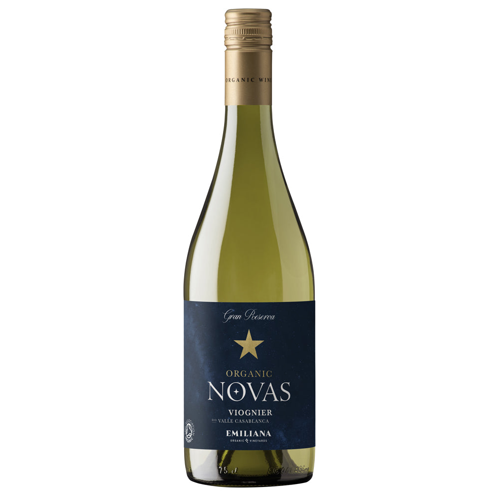 A bottle of Novas Organic Viognier Emiliana white wine on a solid white background. The bottle is made of dark green glass, sealed with a gold screw cap, and features a dark navy blue label with a gold star and white text.
