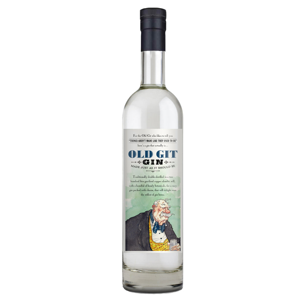 A bottle of Old Git Gin with a black cap and a white label featuring blue text and an illustration of a man in a suit.