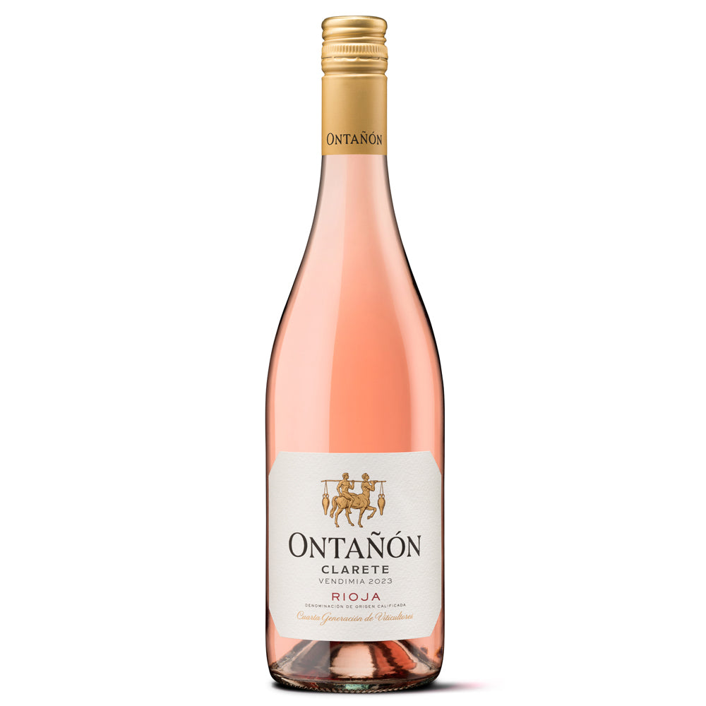 A bottle of Ontanón Clareté Rioja rosé wine, a white label with gold detailing, and a gold foil cap, set against a plain white background.