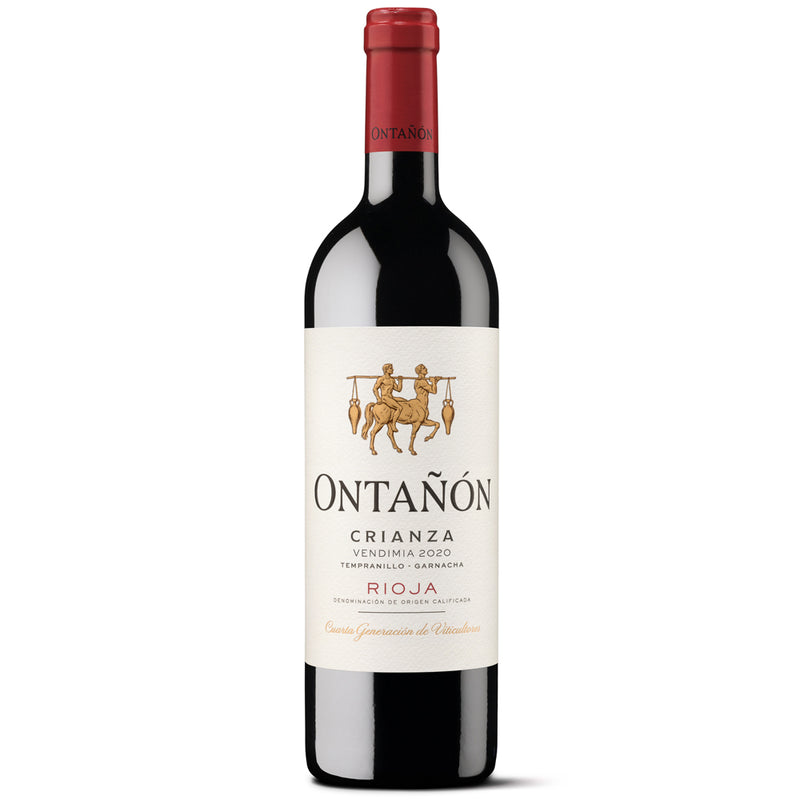 A bottle of Ontañon Crianza Rioja red wine, featuring a dark glass bottle with a cream-coloured label and a red foil capsule at the neck, set against a plain white background.