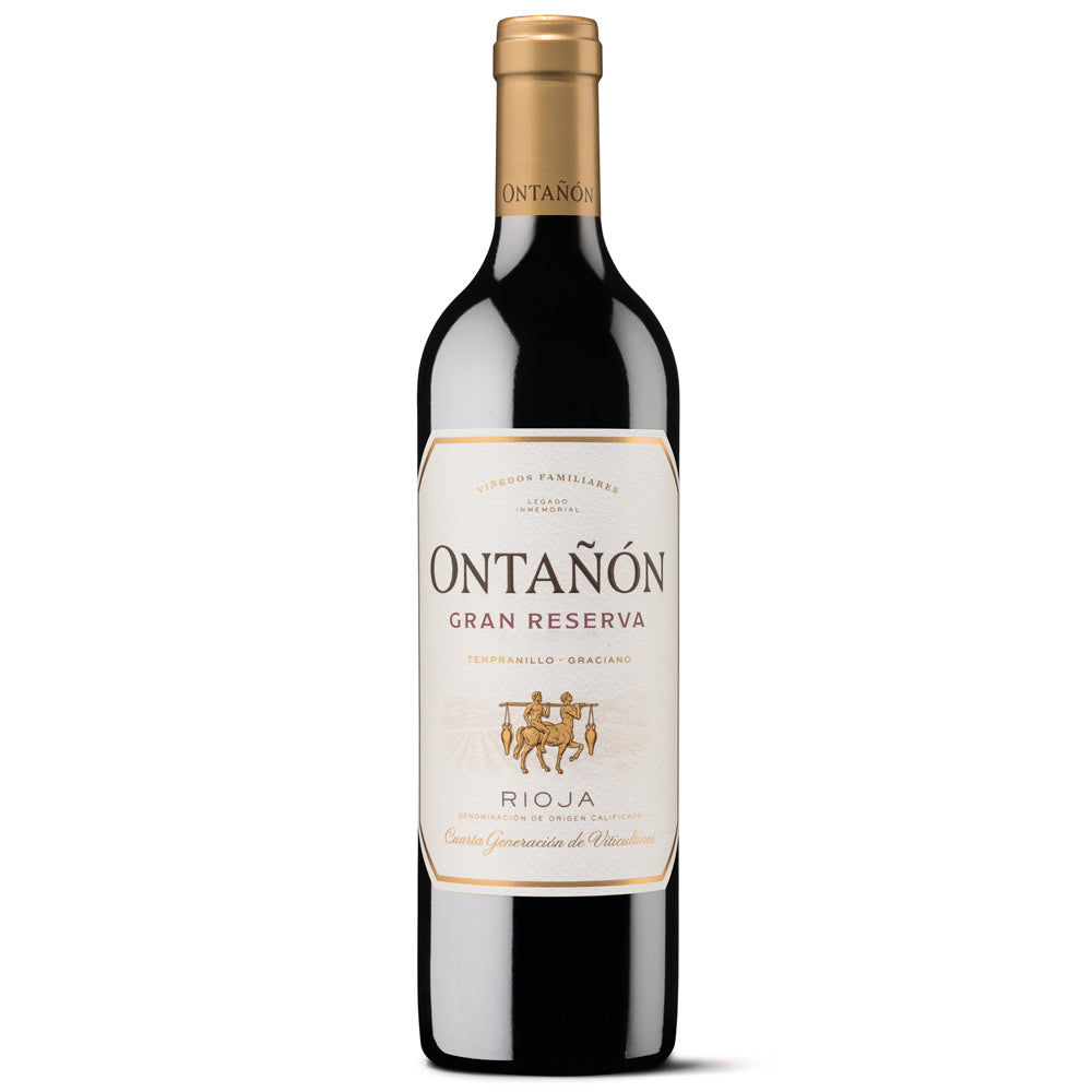 A bottle of Ontanon Gran Reserva Rioja red wine, featuring a dark glass bottle with a gold foil capsule and a cream-coloured label with elegant typography.
