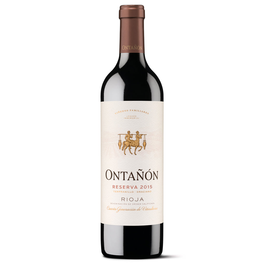 A bottle of Ontañón Reserva Rioja red wine, featuring a dark glass bottle with a cream-coloured label and a brown paper neck capsule, set against a plain white background.