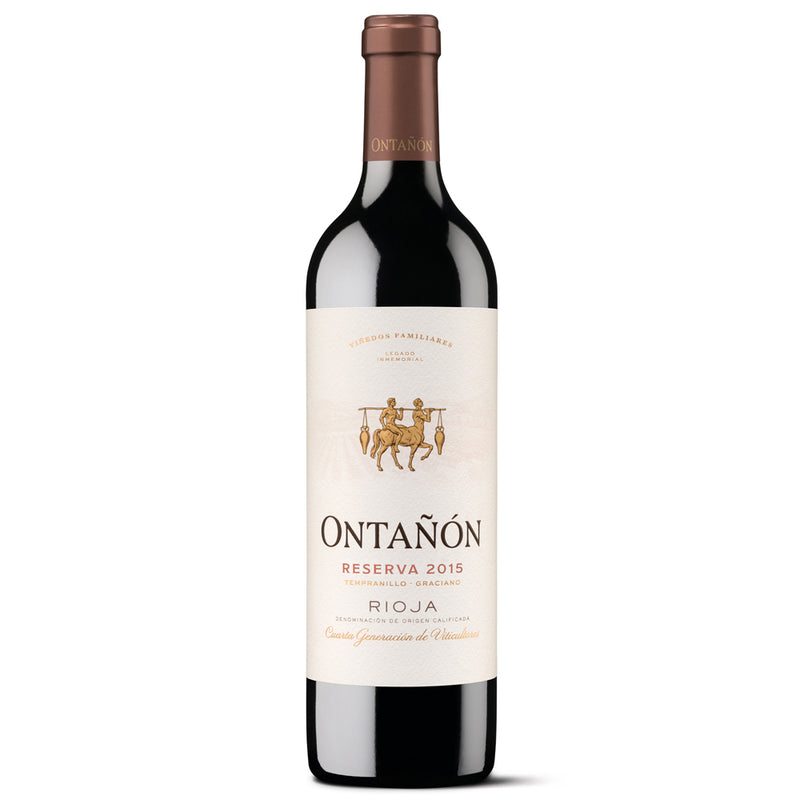 A bottle of Ontañón Reserva Rioja red wine, featuring a dark glass bottle with a cream-coloured label and a brown paper neck capsule, set against a plain white background.