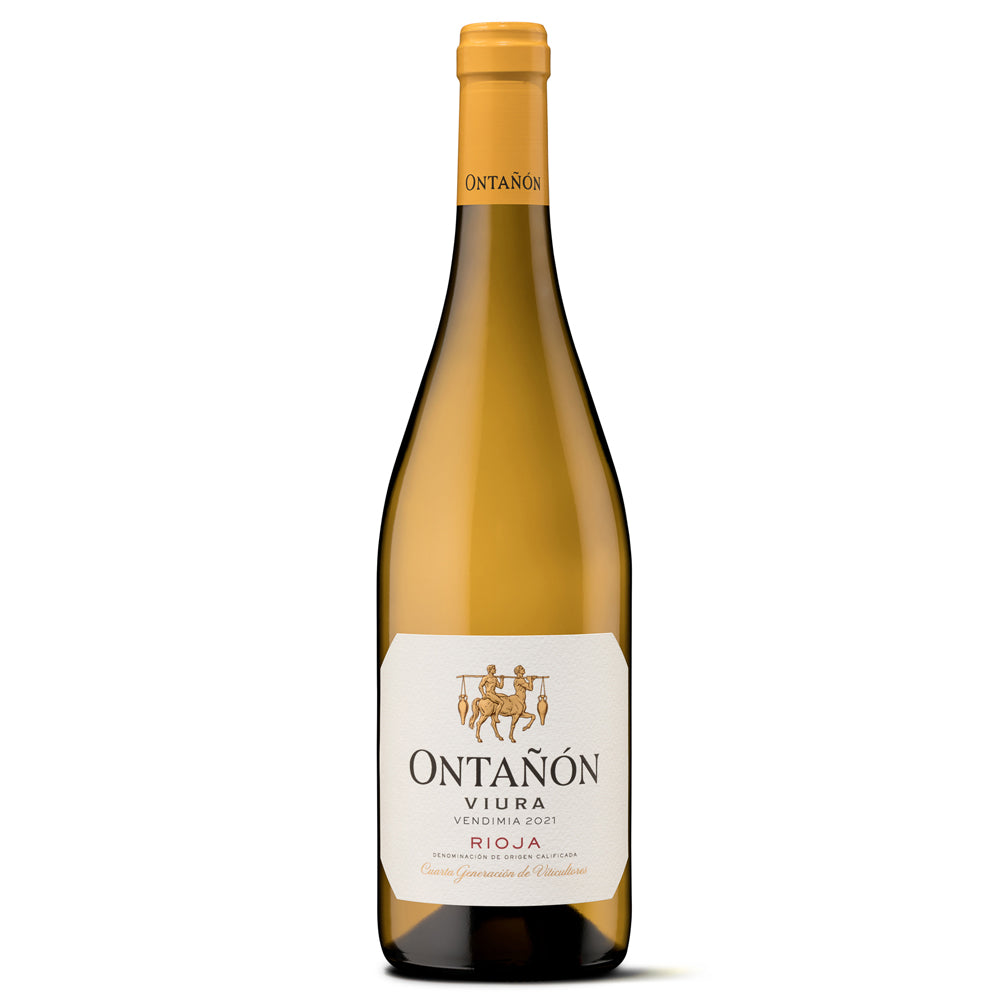 A bottle of Ontanon Viura Rioja white wine, featuring a pale golden-yellow liquid, a gold foil neck wrap, and a white label with gold and black text, set against a plain white background.