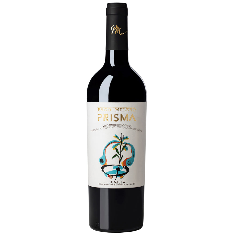 A bottle of Paco Mulero Prisma Monastrell red wine, featuring a dark glass bottle with a black capsule and a cream-colored label decorated with gold and colourful graphic elements.