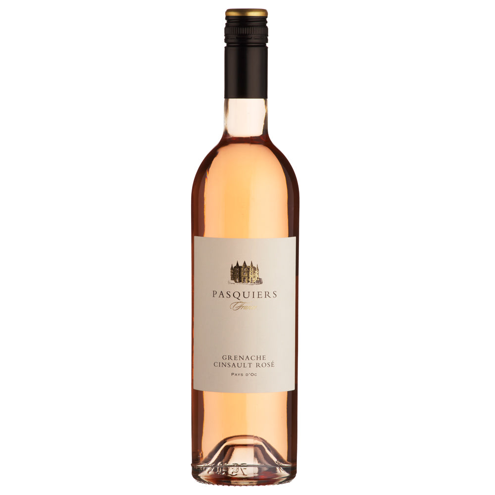 A bottle of Pasquiers rose wine. I has a cream label and black and gold screw cap. All set against a white background.