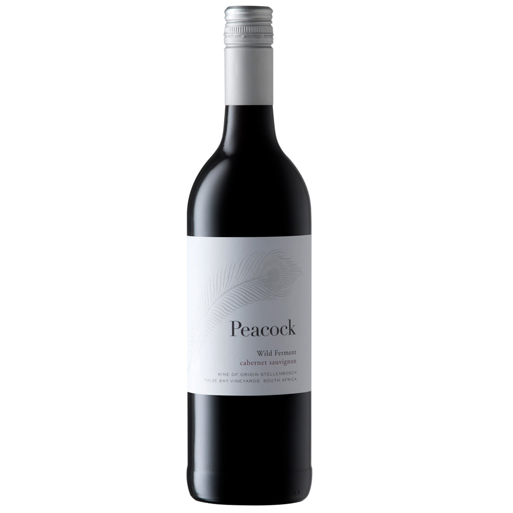 A bottle of Peacock Wild Ferment Cabernet Sauvignon red wine, featuring a dark glass bottle, a white label with a subtle feather graphic, and a silver screw cap, set against a plain white background.