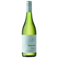 A bottle of Peacock Wild Fermented Chenin Blanc white wine, featuring a light green glass bottle, a silver screw cap, and a white label with a feather graphic.