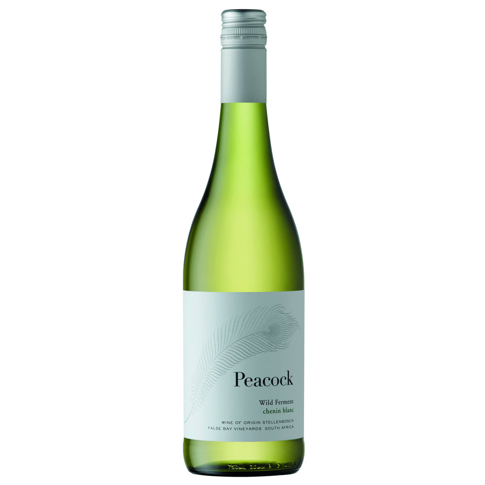 A bottle of Peacock Wild Fermented Chenin Blanc white wine, featuring a light green glass bottle, a silver screw cap, and a white label with a feather graphic.
