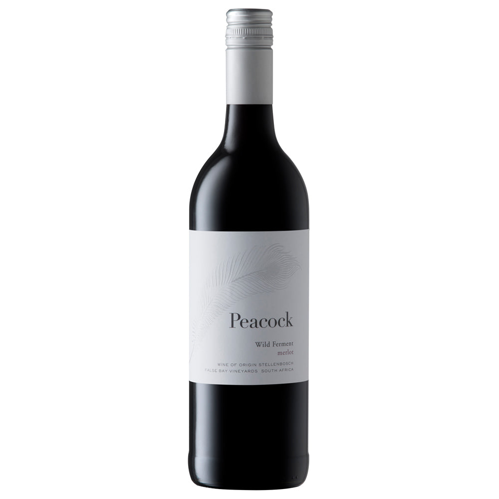 A dark bottle of Peacock Wild Ferment Merlot with a white label with a picture of a feather. It has a silver screwcap and is on a white background. 