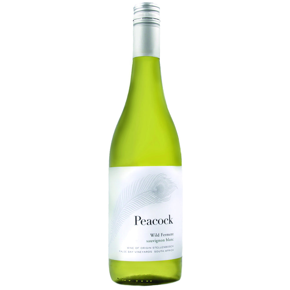 A bottle of Peacock White Ferment Sauvignon Blanc wine, featuring a light green glass bottle with a white label and a silver screw cap, set against a plain white background.