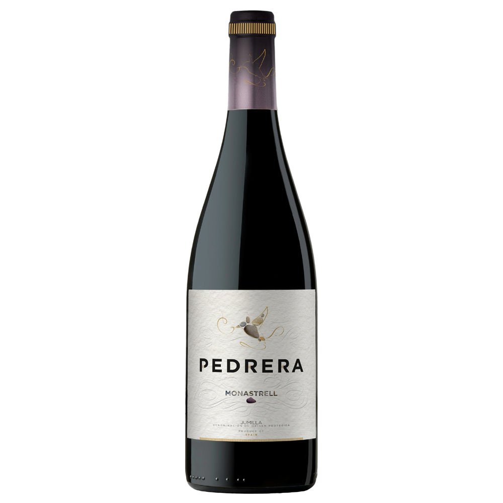 A bottle of Pedrera Monastrell red wine, featuring a dark glass bottle with a white label and a gold foil cap, set against a plain white background.