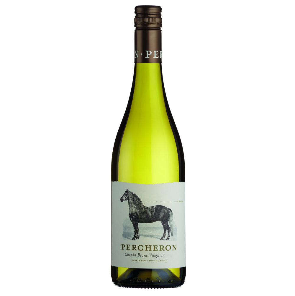 A bottle of Percheron Chenin Blanc Viognier white wine with a distinctive pale yellow-green glass body, a dark brown screw cap, and a white label featuring a black illustration of a Percheron horse.