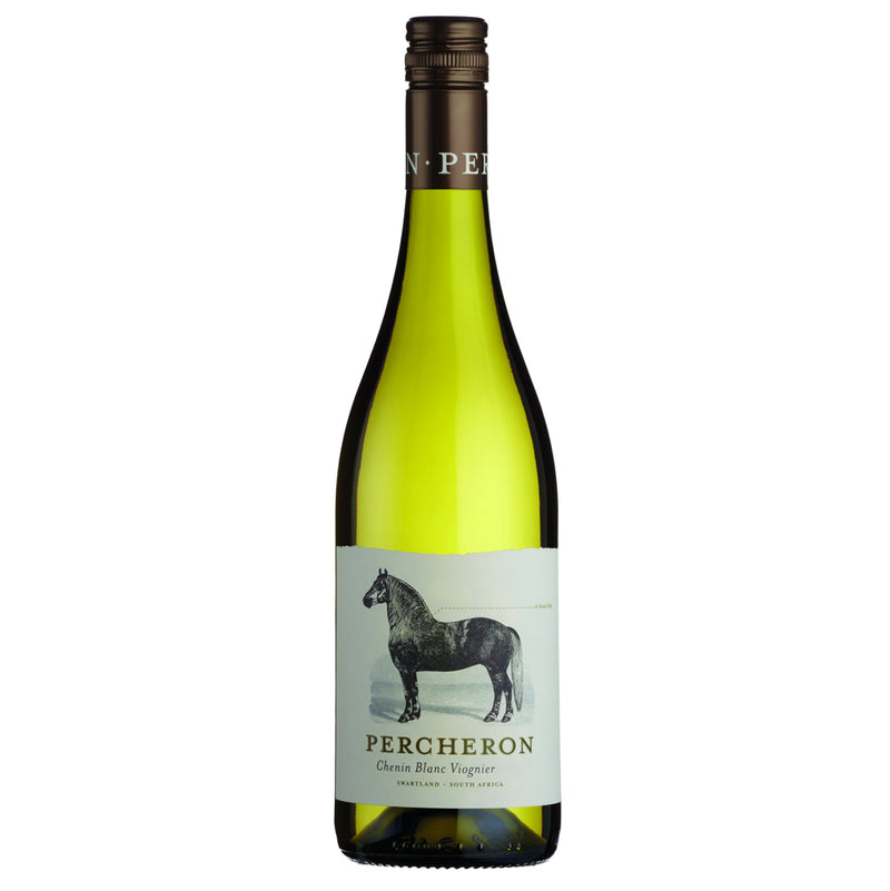 A bottle of Percheron Chenin Blanc Viognier white wine with a distinctive pale yellow-green glass body, a dark brown screw cap, and a white label featuring a black illustration of a Percheron horse.