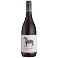 A bottle of Percheron Old Vine Cinsault red wine, featuring a dark glass bottle with a white label depicting a grey horse and the brand name 'Percheron' in red.