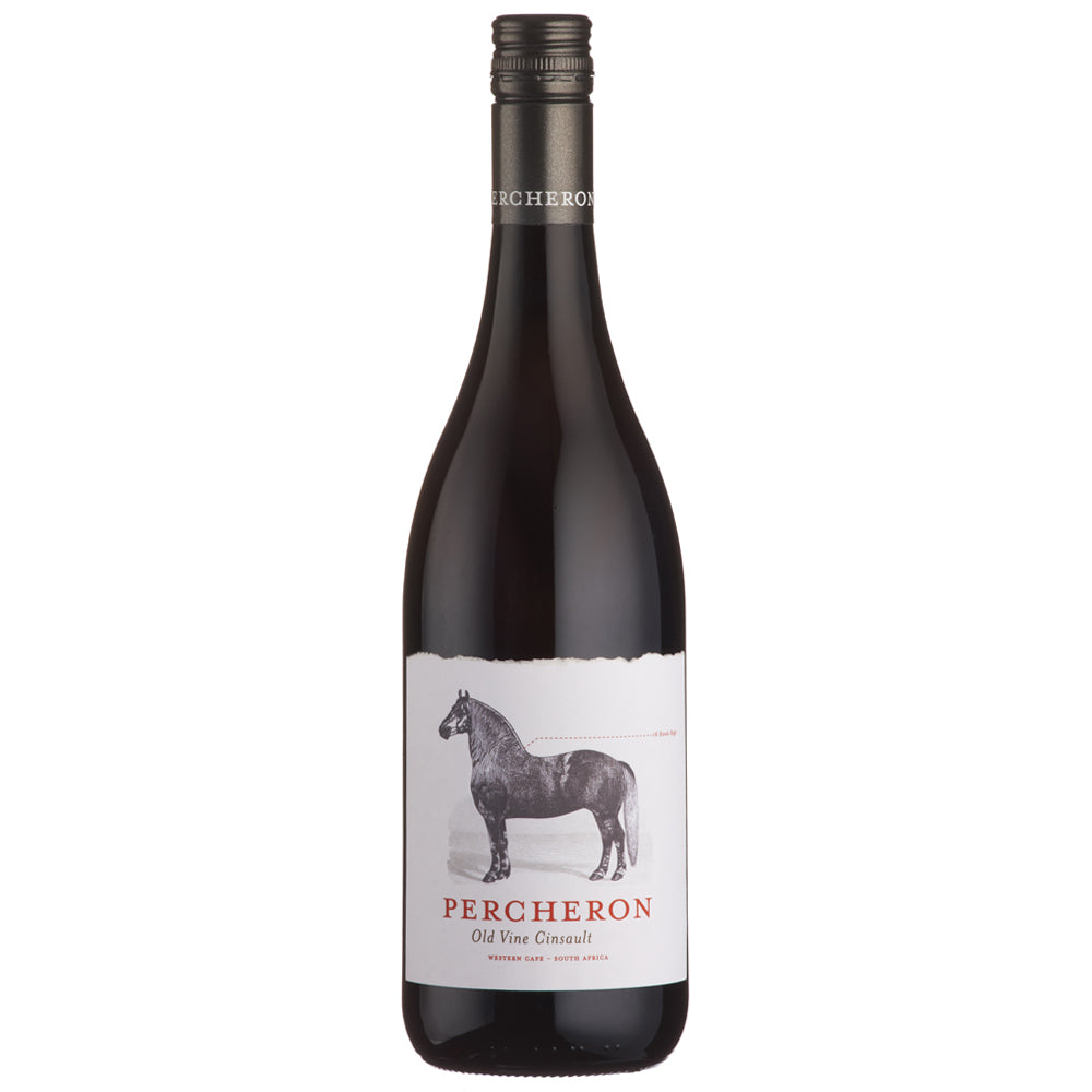 A bottle of Percheron Old Vine Cinsault red wine, featuring a dark glass bottle with a white label depicting a grey horse and the brand name 'Percheron' in red.