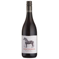 A bottle of Percheron Shiraz Mourvedre red wine with a white label featuring a black horse illustration, set against a plain white background.