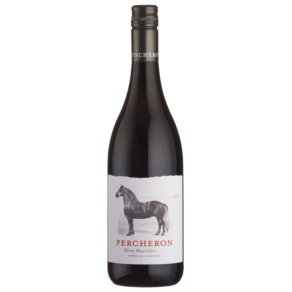 A bottle of Percheron Shiraz Mourvedre red wine with a white label featuring a black horse illustration, set against a plain white background.