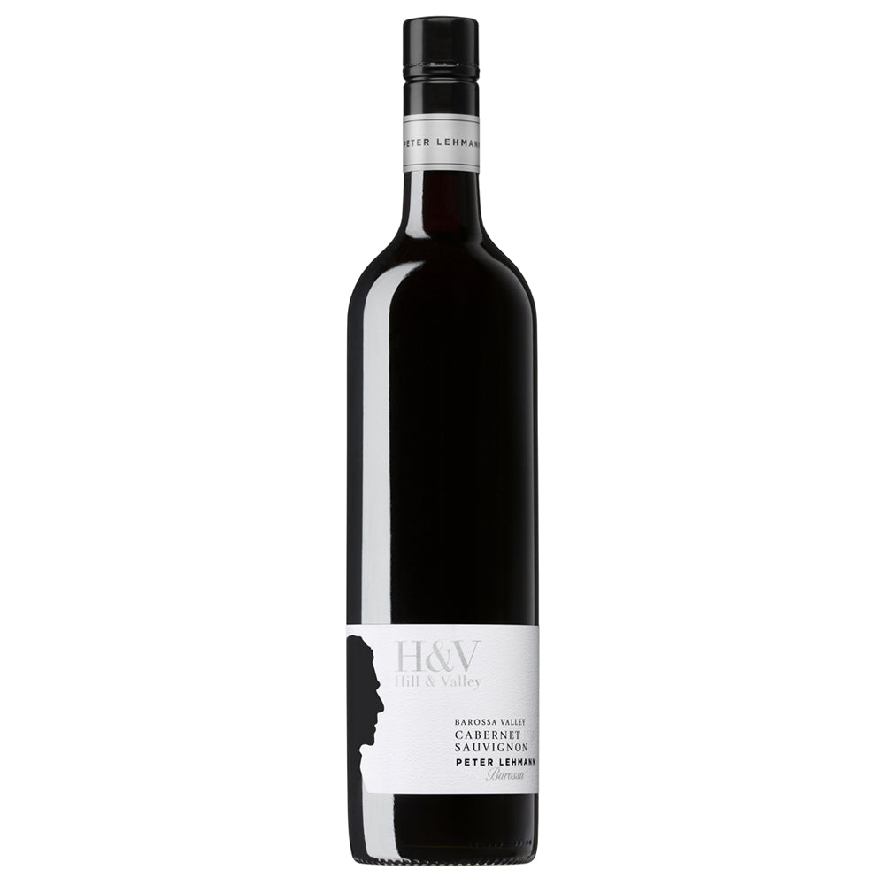 A tall black glass wine bottle with a white label and black cap, photographed against a plain white background. The label shows the brand Peter Lehmann H&V Winery and the varietal Cabernet Sauvignon.