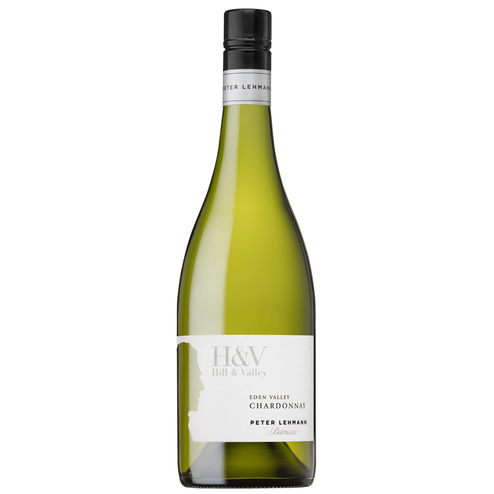 Green bottle of Peter Lehmann Chardonnay white wine with white label with a side on picture of a person on the left. It has a black and silver screw cap.