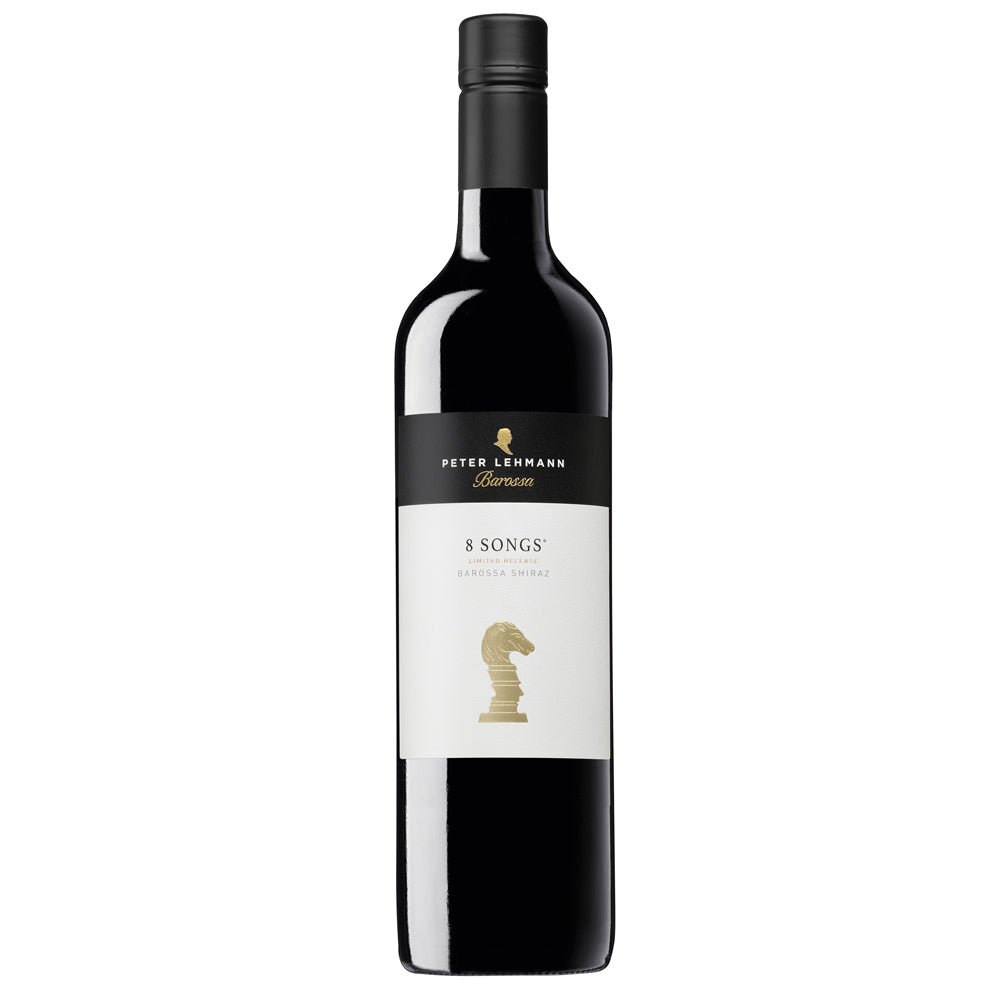 A bottle of Peter Lehmann 8 Songs Shiraz from Australia. It features a white and black label with a black screw cap.